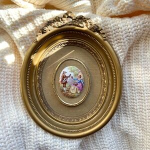 Vintage 50s Limoges Porcelain Plaque Fragonard Gilt Oval Frame French Wall Art